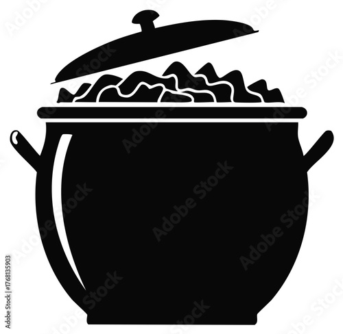 Black silhouette illustration of stew pot with steaming contents and slightly open lid