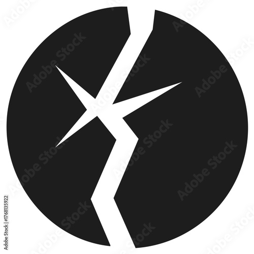 Cracked black circle icon vector symbol of breaking damage division or earthquake