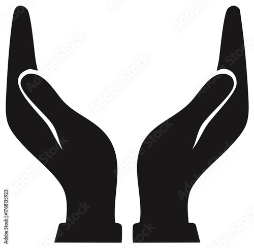 Silhouette of two open cupped hands reaching upwards, symbolizing help, care, and support