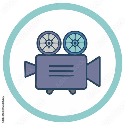 Cartoon illustration of a vintage movie camera inside a blue circle