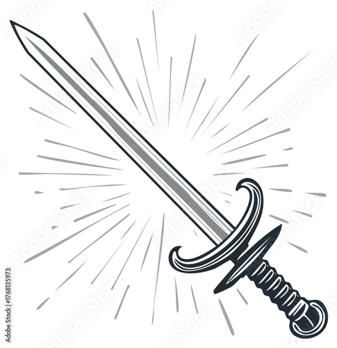 Gleaming Sword Illustration Heroic Steel Blade with Sunbursts