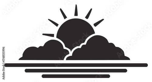 Sunrise Silhouette Graphic with Clouds over Water, Landscape Icon for Design