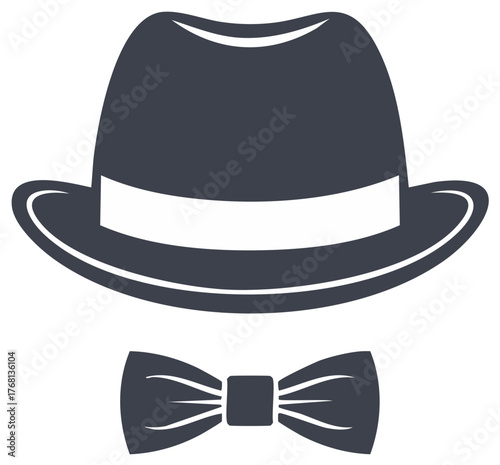 Classic fedora hat and bowtie icon symbol representing gentleman style and formal wear