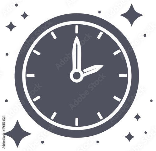 Simple graphic representation of a round clock showing the time with sparkling accents around it