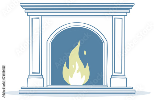 Hand Drawn Fireplace with a Cozy Flame,  Mantel, and Decorative Columns