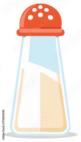 Cartoon salt shaker with red lid pouring seasoning for condiments and kitchen use
