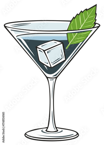 Stylish Martini Glass Illustration: Refreshing Drink with Ice Cube and Mint Leaf