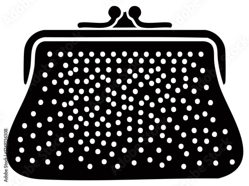 Retro clasp purse illustration with polka dot pattern, vintage style coin purse graphic, small change wallet, money, budget.