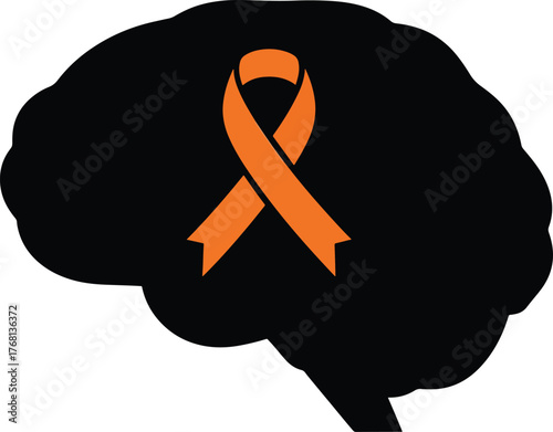 Black silhouette human brain with orange awareness ribbon for multiple sclerosis and mental health on white background