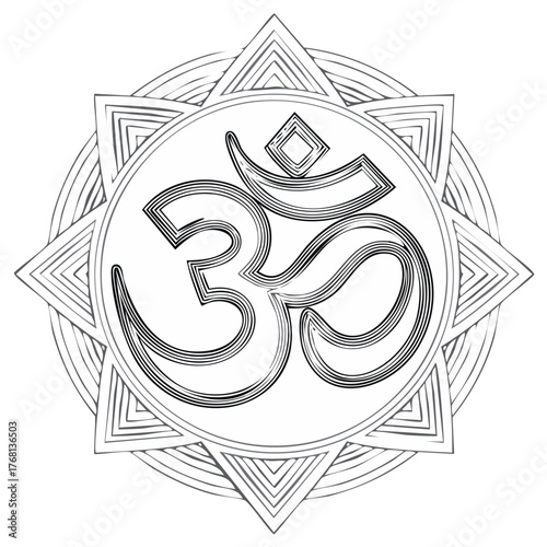 Outline Om Symbol within Geometric Star Ornament Asian spirituality concepts and traditions  simple hand drawing style for cards and backgrounds