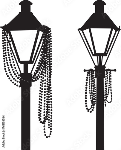 Black silhouette of two New Orleans style street lamps draped with Mardi Gras beads on white background
