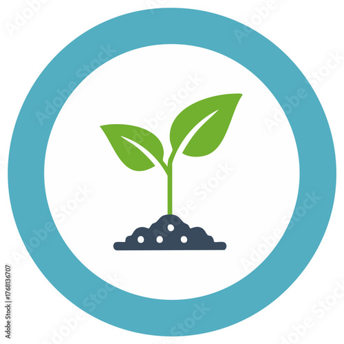 Green seedling growing from soil within a circular blue frame