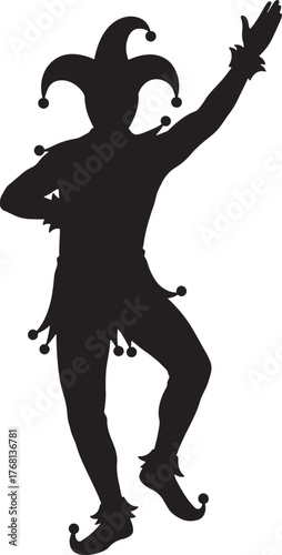 Black silhouette person in full jester costume including a hat with bells raising one hand on white background