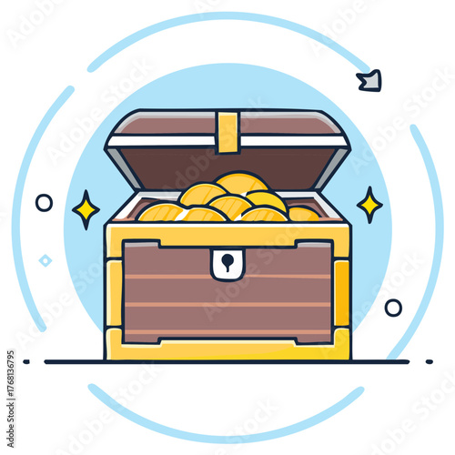 Open treasure chest filled with gold coins, antique wooden box with money, financial wealth, and good fortune