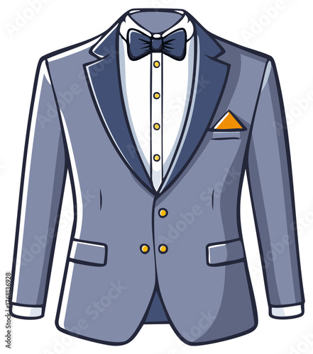 Formal Suit Illustration with Bowtie and Pocket Square, Elegant Tuxedo Cartoon Design