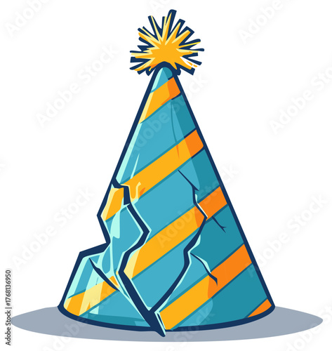 Crushed party hat illustration bright turquoise stripes vector isolated cartoon design funny celebration birthday celebration party headwear
