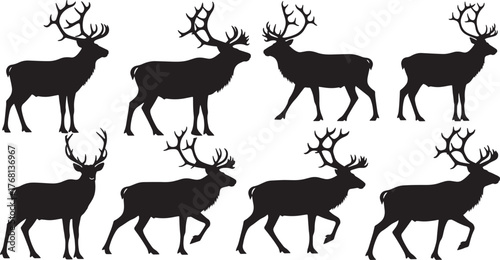 set of silhouettes of deer, editable file