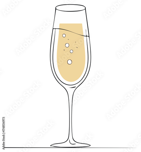Elegant champagne flute outline filled with sparkling wine and bubbles graphic