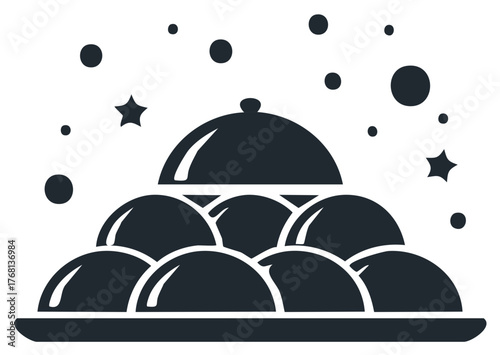 Festive banquet platter with stacked covered dishes and magical stars vector icon
