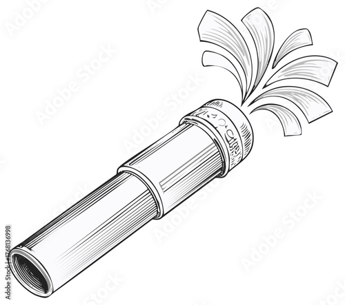 Black and white illustration of a spraying water nozzle or garden sprinkler