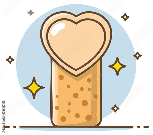 Romantic cork with heart shape and sparkling stars against a circular backdrop