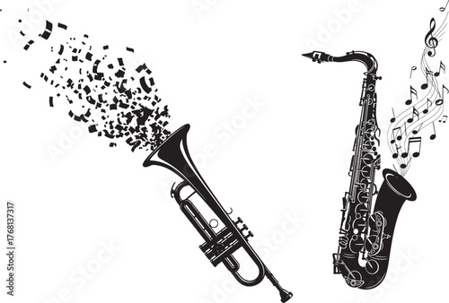 Black silhouette trumpet exploding into abstract confetti next to a saxophone with musical notes on white background