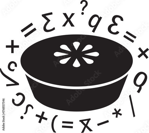Black silhouette whole baked pie surrounded by mathematical symbols and equations on white background