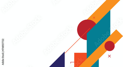 Abstract Geometric Background Template. Vibrant Bauhaus-Inspired Design with Teal, Orange, and Red Shapes on White Copy Space.