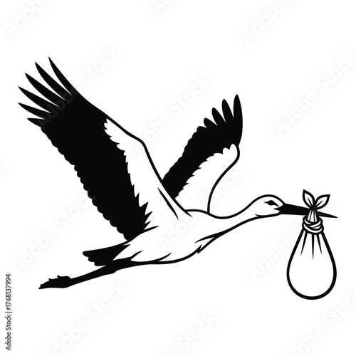 Stork delivering baby icon for new arrivals and parenthood celebrations silhouette