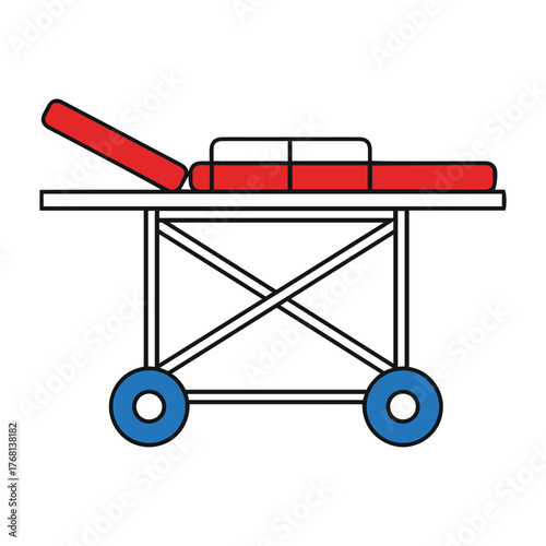 Vector a drawn medical gurney with a red cushioned top and blue wheels on a transparent background