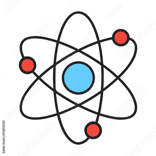 Vector illustration of an atom with a blue nucleus and three red electrons orbiting around it