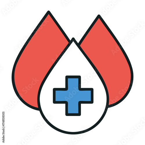 Vector three stylized blood drops with a blue plus sign in the center drop illustration design