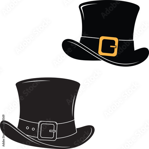 Black silhouette set of two St Patrick's Day top hats one with a gold buckle and one with a white buckle on white background