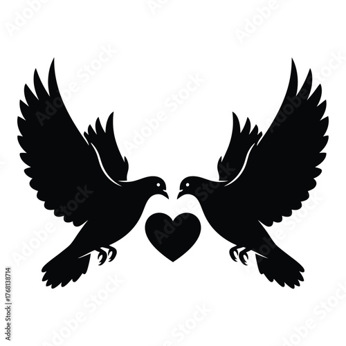 Two black doves in flight facing each other with a heart symbol between them symbolizing love and peace silhouette