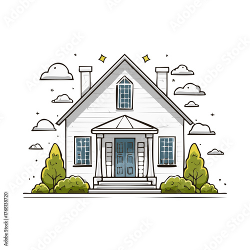 Charming doodle style illustration of a classic white suburban home with a blue door and clouds