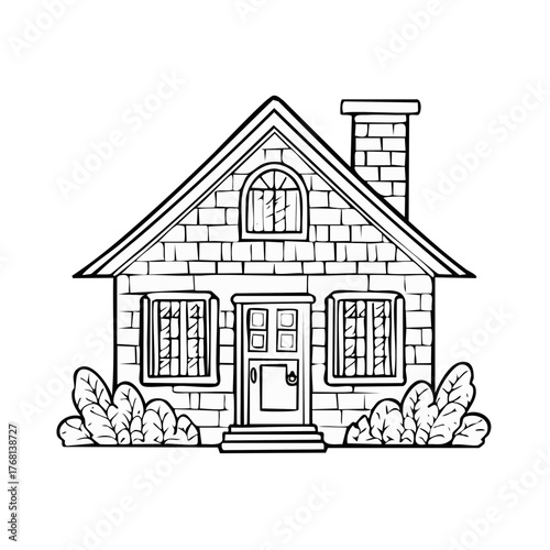 Outlined brick house with chimney and decorative shrubs, monochrome illustration for coloring book