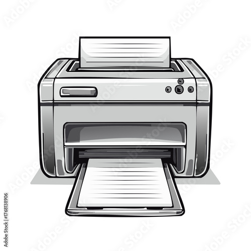 Stylized grayscale vector art of a modern office printer printing paper documents