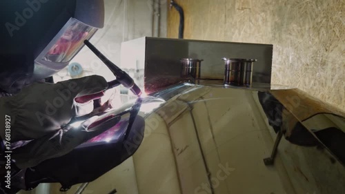 An industrious and technical mood is captured by a close-up of a welder in protective gear using a welding torch, with the bright arc and reflection visible in the shield and surrounding surfaces