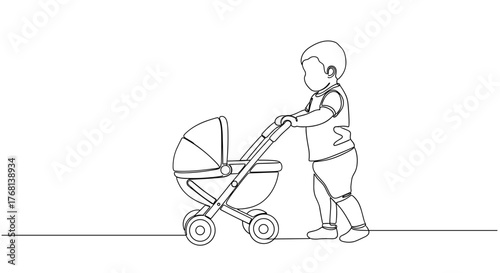 Toddler pushing toy stroller symbolizing play and imitation learning