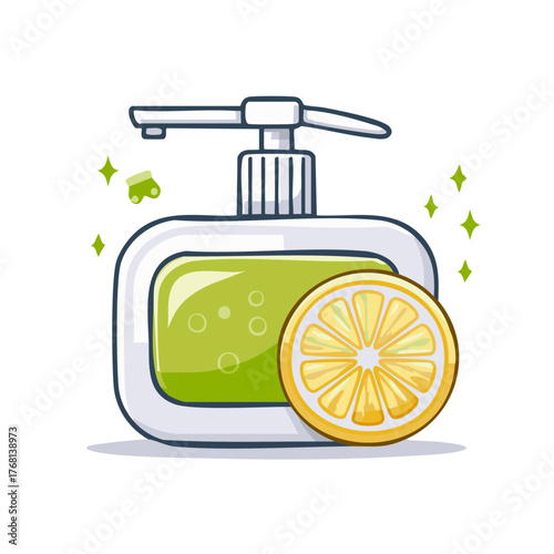 Illustration of lemon scented hand soap dispenser with bubbles and sparkles for personal hygiene use and cleanliness