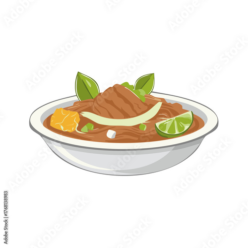 Illustrated bowl of soup with meat, lime and garnish