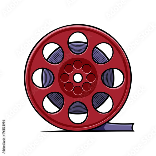 Vintage red movie film reel with purple celluloid strip cartoon illustration