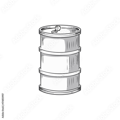 Illustration of a metal barrel with a lid, featuring a handle or lock, isolated.