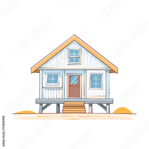 Small stylized beach house on stilts with a gabled roof simple cartoon vector illustration