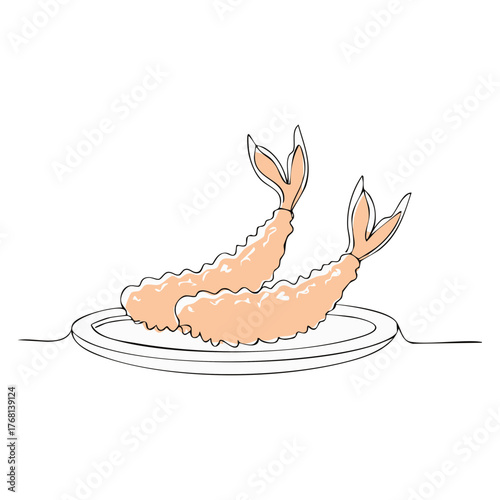 Tempura Shrimps Illustration on Plate Line Art Asian Cuisine Seafood Dish