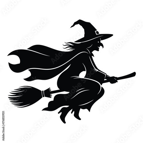 Silhouette of a witch flying on a broomstick with a flowing cape and pointed hat a spooky halloween icon silhouette