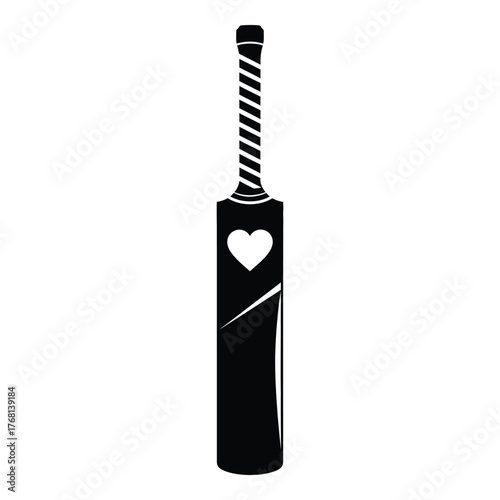 Black cricket bat with white heart emblem and striped grip sports equipment icon silhouette