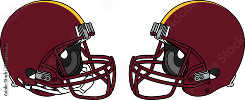 Burgundy American football helmet with a burgundy facemask. Helmets with and without a chin strap