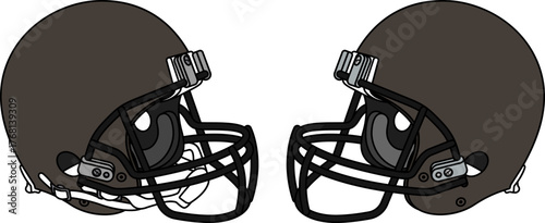 Gray brown American football helmet with a black facemask. Helmets with and without a chin strap