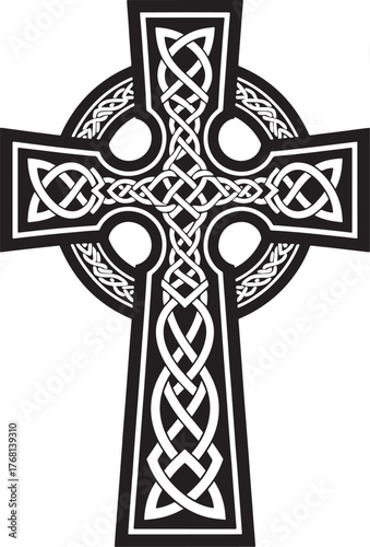 Black silhouette elaborate Celtic cross with intricate knotwork on white background